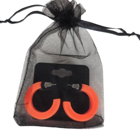 Orange Hoop Earrings 1.2" Retro 1980s Neon Chunky Pierced Acrylic Gift Bag Y2K - Picture 6 of 7